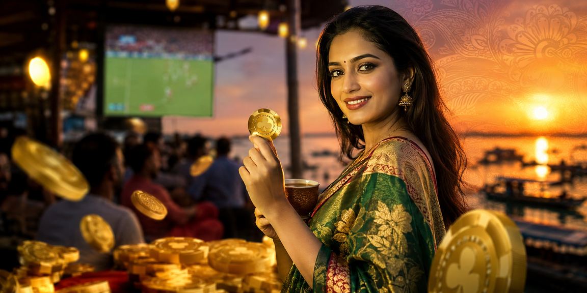 Bangladeshi model using a casino app against a Tanguar Haor backdrop
